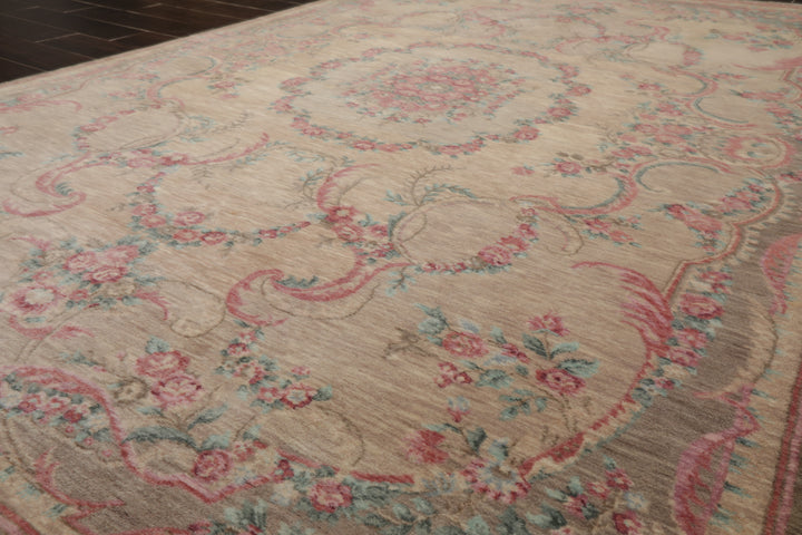 6x9 Beige, Tan, Blush Color Hand Knotted French Aubusson Savonnerie Wool Transitional Oriental Rug