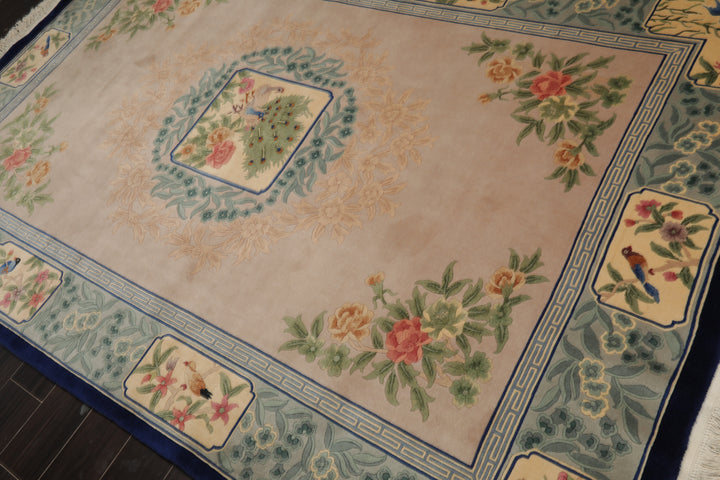 6x9 Beige, Tan, Aqua Color Hand Knotted Chinese Art Deco Wool Traditional Oriental Rug