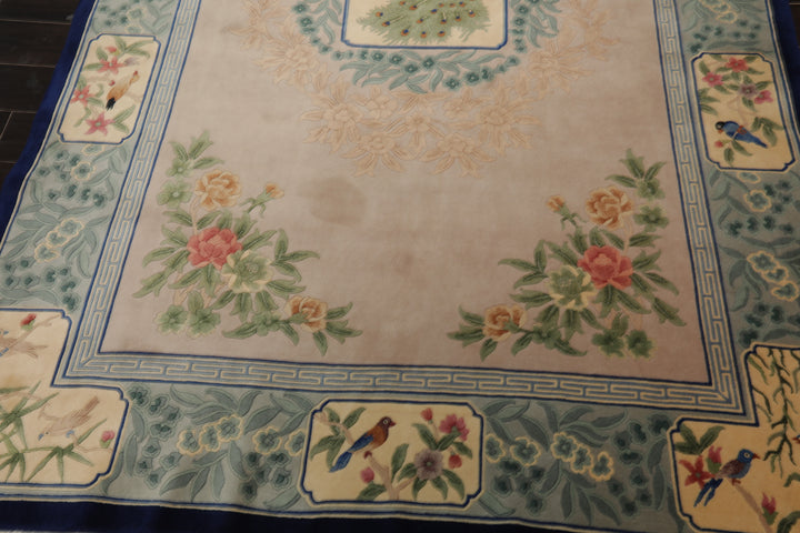 6x9 Beige, Tan, Aqua Color Hand Knotted Chinese Art Deco Wool Traditional Oriental Rug