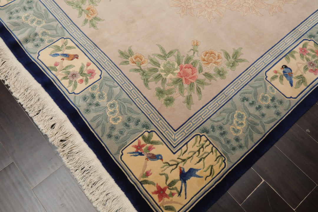 6x9 Beige, Tan, Aqua Color Hand Knotted Chinese Art Deco Wool Traditional Oriental Rug