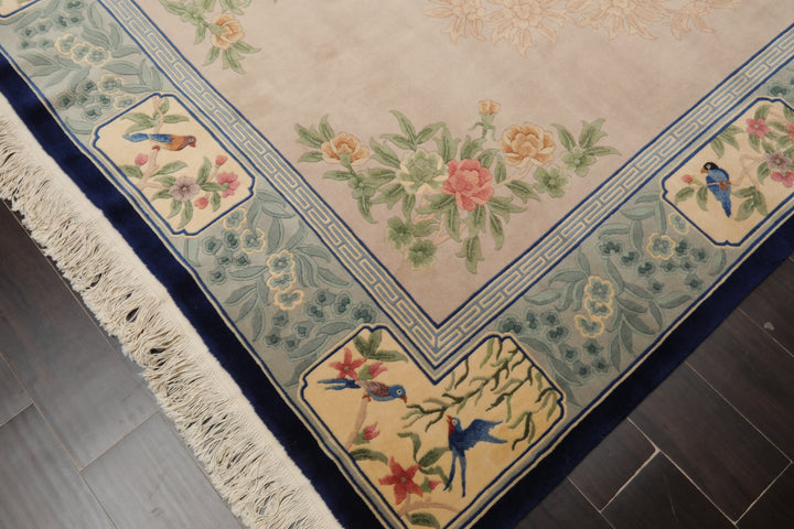 6x9 Beige, Tan, Aqua Color Hand Knotted Chinese Art Deco Wool Traditional Oriental Rug