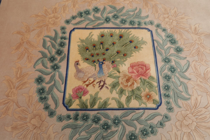 6x9 Beige, Tan, Aqua Color Hand Knotted Chinese Art Deco Wool Traditional Oriental Rug