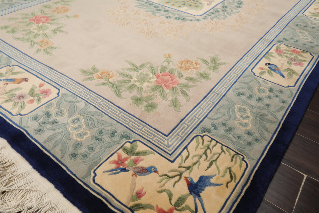 6x9 Beige, Tan, Aqua Color Hand Knotted Chinese Art Deco Wool Traditional Oriental Rug