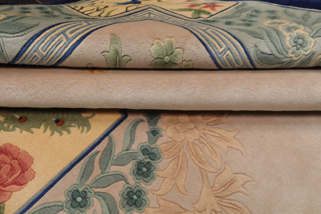 6x9 Beige, Tan, Aqua Color Hand Knotted Chinese Art Deco Wool Traditional Oriental Rug