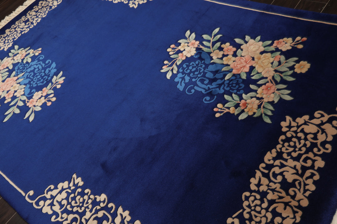 6x9 Royal Blue, Ivory, Blush Color Hand Knotted Chinese Art Deco Wool Traditional Oriental Rug