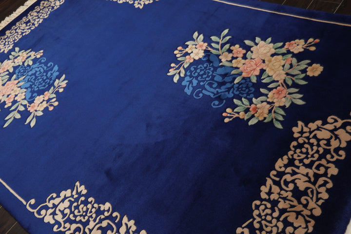 6x9 Royal Blue, Ivory, Blush Color Hand Knotted Chinese Art Deco Wool Traditional Oriental Rug