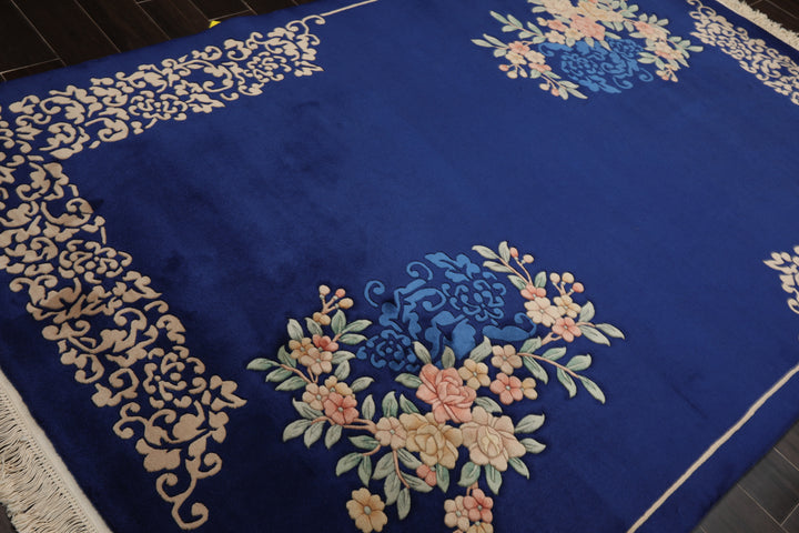 6x9 Royal Blue, Ivory, Blush Color Hand Knotted Chinese Art Deco Wool Traditional Oriental Rug