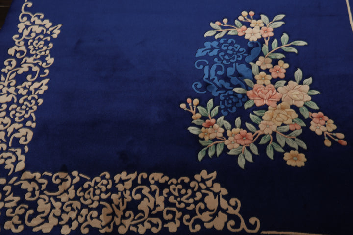 6x9 Royal Blue, Ivory, Blush Color Hand Knotted Chinese Art Deco Wool Traditional Oriental Rug