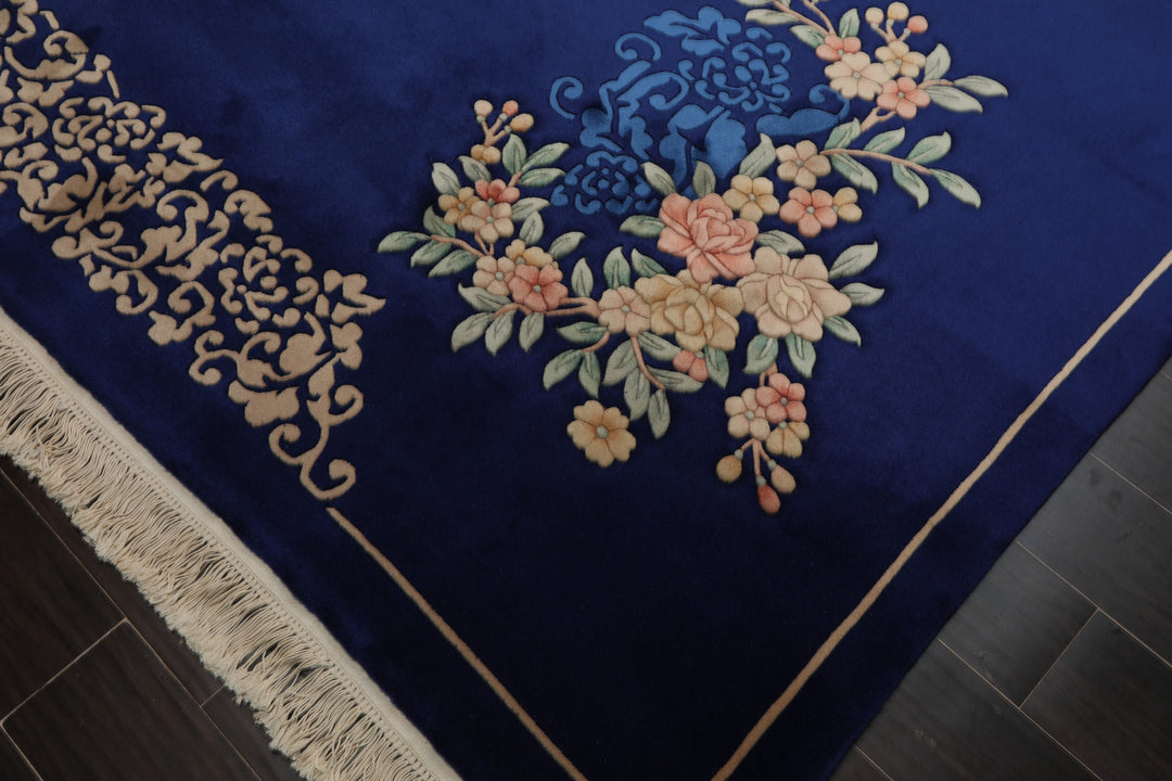 6x9 Royal Blue, Ivory, Blush Color Hand Knotted Chinese Art Deco Wool Traditional Oriental Rug