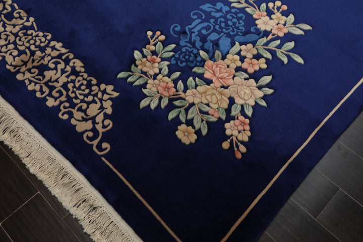6x9 Royal Blue, Ivory, Blush Color Hand Knotted Chinese Art Deco Wool Traditional Oriental Rug