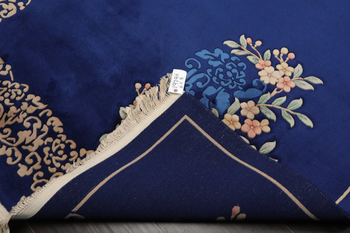 6x9 Royal Blue, Ivory, Blush Color Hand Knotted Chinese Art Deco Wool Traditional Oriental Rug