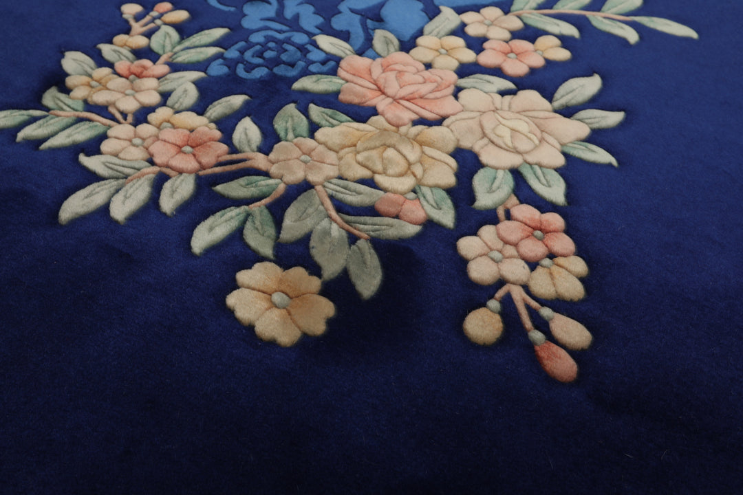 6x9 Royal Blue, Ivory, Blush Color Hand Knotted Chinese Art Deco Wool Traditional Oriental Rug