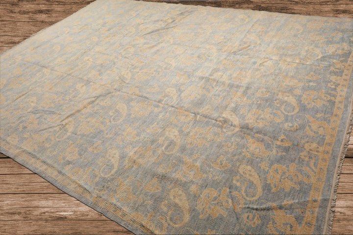 Antique Tibetan Wool Hand Knotted Oriental Area Rug Light Blue Beige 9x12