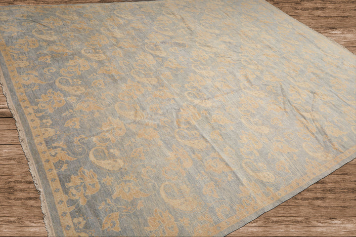 Antique Tibetan Wool Hand Knotted Oriental Area Rug Light Blue Beige 9x12