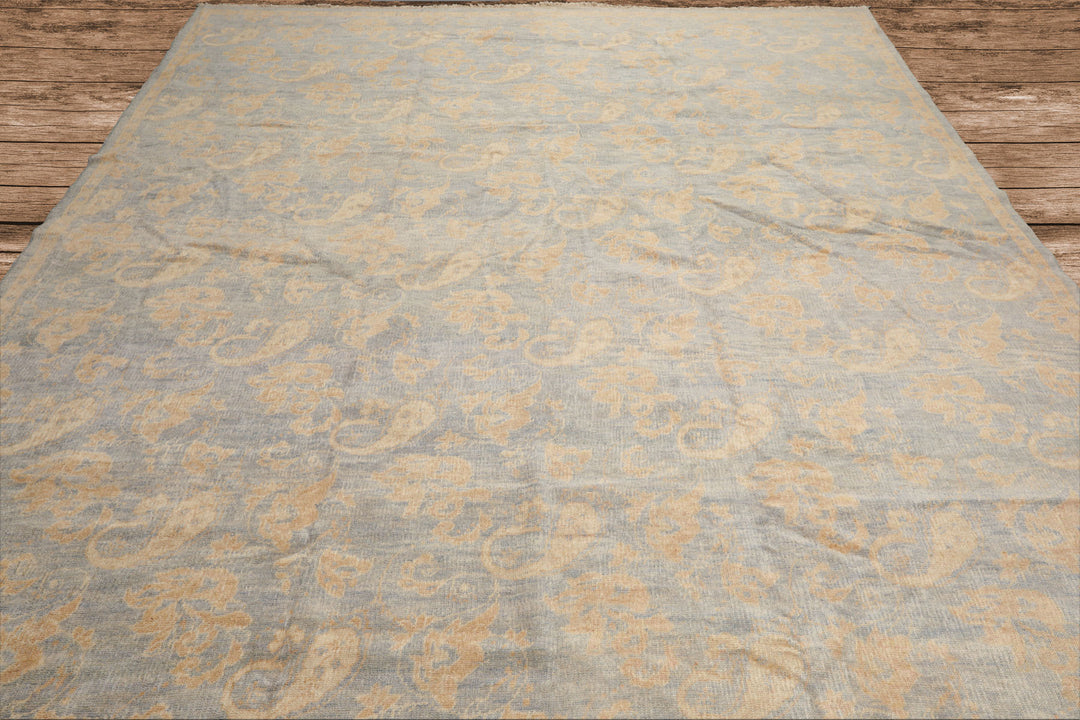 Antique Tibetan Wool Hand Knotted Oriental Area Rug Light Blue Beige 9x12