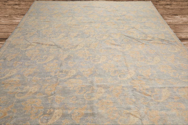 Antique Tibetan Wool Hand Knotted Oriental Area Rug Light Blue Beige 9x12
