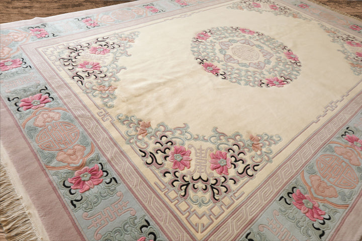 10x14 Ivory, Rose, Aqua Color Hand Knotted Aubusson Savonnerie Wool Traditional Oriental Rug