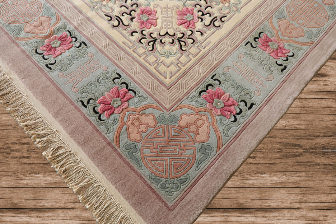 10x14 Ivory, Rose, Aqua Color Hand Knotted Aubusson Savonnerie Wool Traditional Oriental Rug