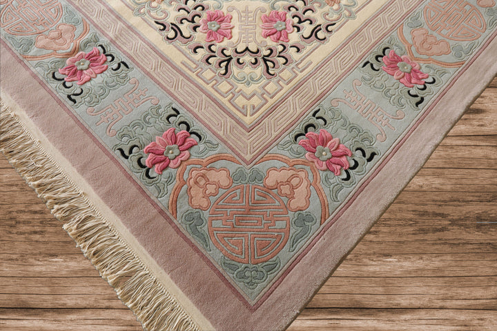 10x14 Ivory, Rose, Aqua Color Hand Knotted Aubusson Savonnerie Wool Traditional Oriental Rug