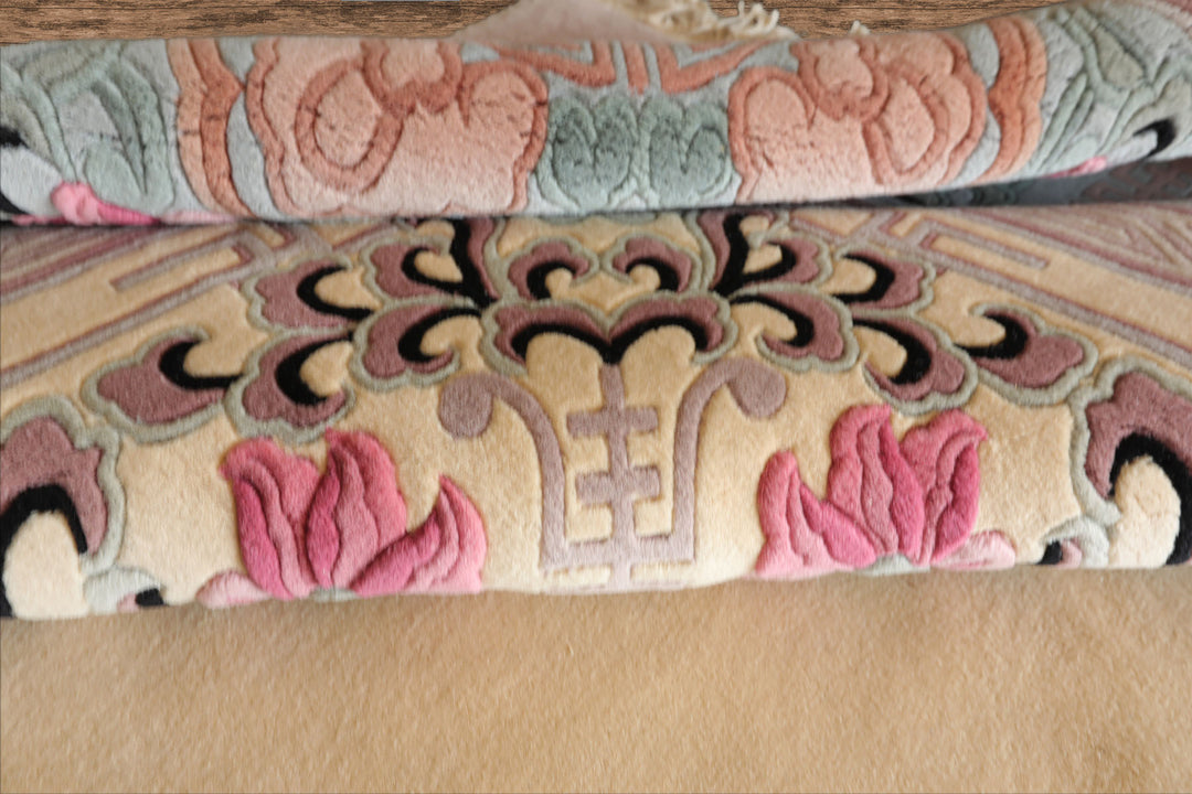 10x14 Ivory, Rose, Aqua Color Hand Knotted Aubusson Savonnerie Wool Traditional Oriental Rug