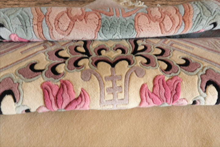 10x14 Ivory, Rose, Aqua Color Hand Knotted Aubusson Savonnerie Wool Traditional Oriental Rug