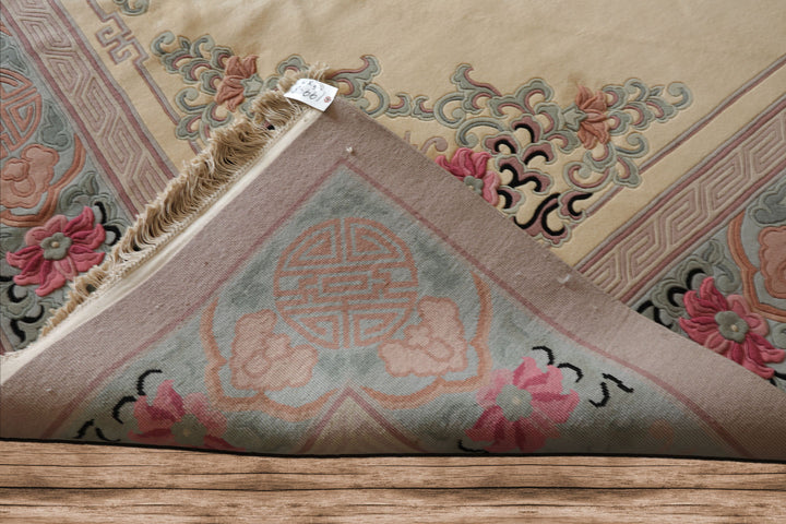 10x14 Ivory, Rose, Aqua Color Hand Knotted Aubusson Savonnerie Wool Traditional Oriental Rug