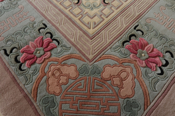 10x14 Ivory, Rose, Aqua Color Hand Knotted Aubusson Savonnerie Wool Traditional Oriental Rug