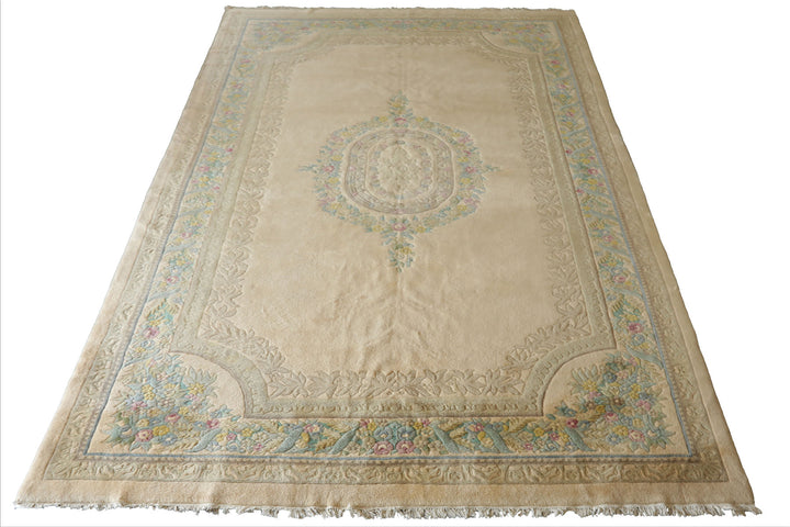 11x18 Beige, Tan, Aqua Color Hand Knotted Aubusson Savonnerie Wool Traditional Oriental Rug