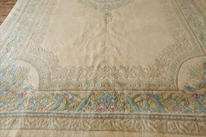 11x18 Beige, Tan, Aqua Color Hand Knotted Aubusson Savonnerie Wool Traditional Oriental Rug