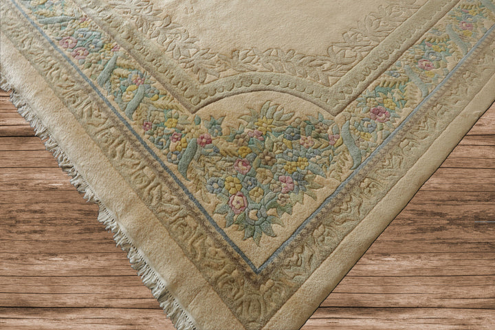 11x18 Beige, Tan, Aqua Color Hand Knotted Aubusson Savonnerie Wool Traditional Oriental Rug
