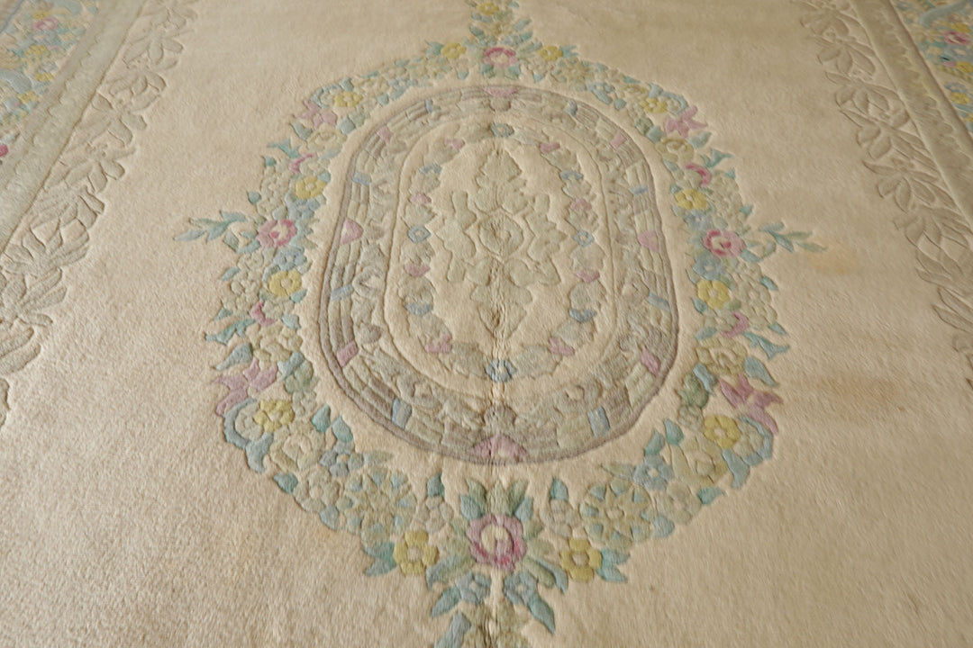 11x18 Beige, Tan, Aqua Color Hand Knotted Aubusson Savonnerie Wool Traditional Oriental Rug