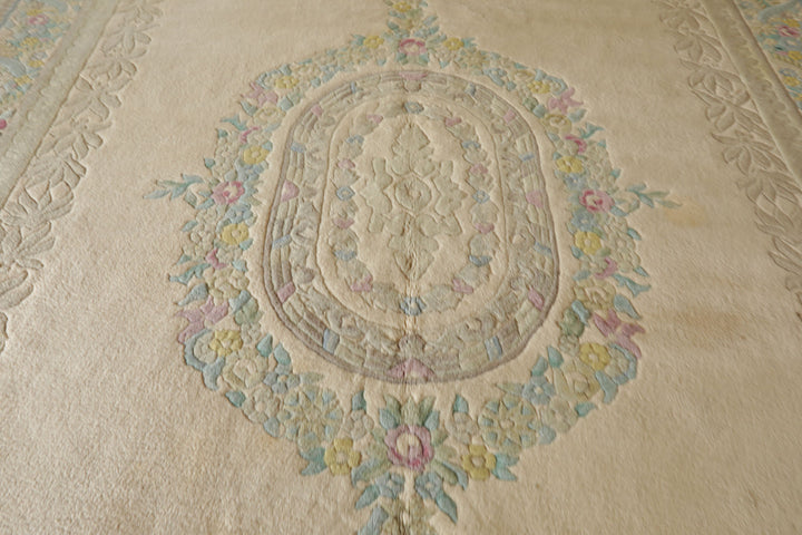 11x18 Beige, Tan, Aqua Color Hand Knotted Aubusson Savonnerie Wool Traditional Oriental Rug