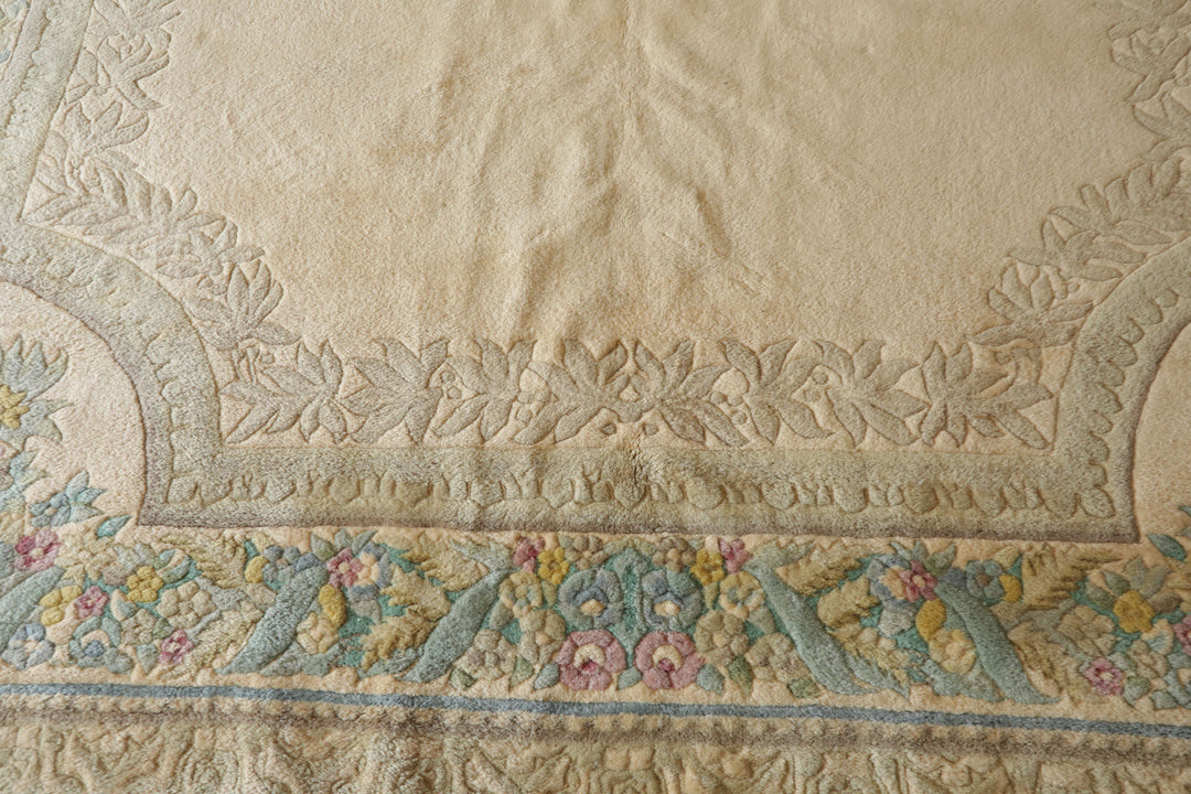 11x18 Beige, Tan, Aqua Color Hand Knotted Aubusson Savonnerie Wool Traditional Oriental Rug