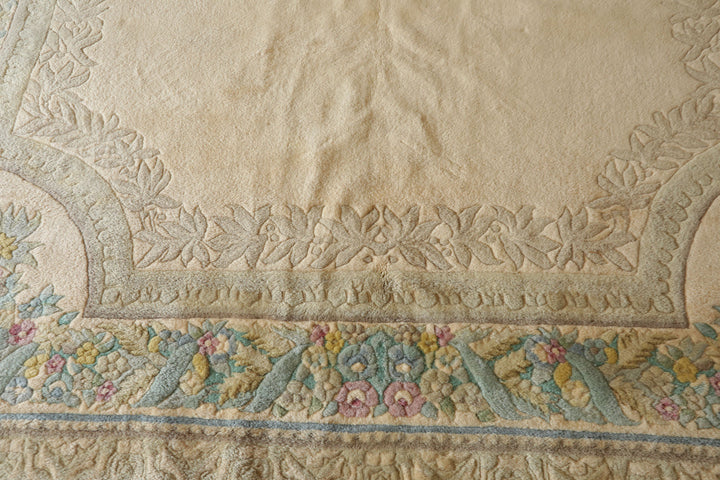 11x18 Beige, Tan, Aqua Color Hand Knotted Aubusson Savonnerie Wool Traditional Oriental Rug