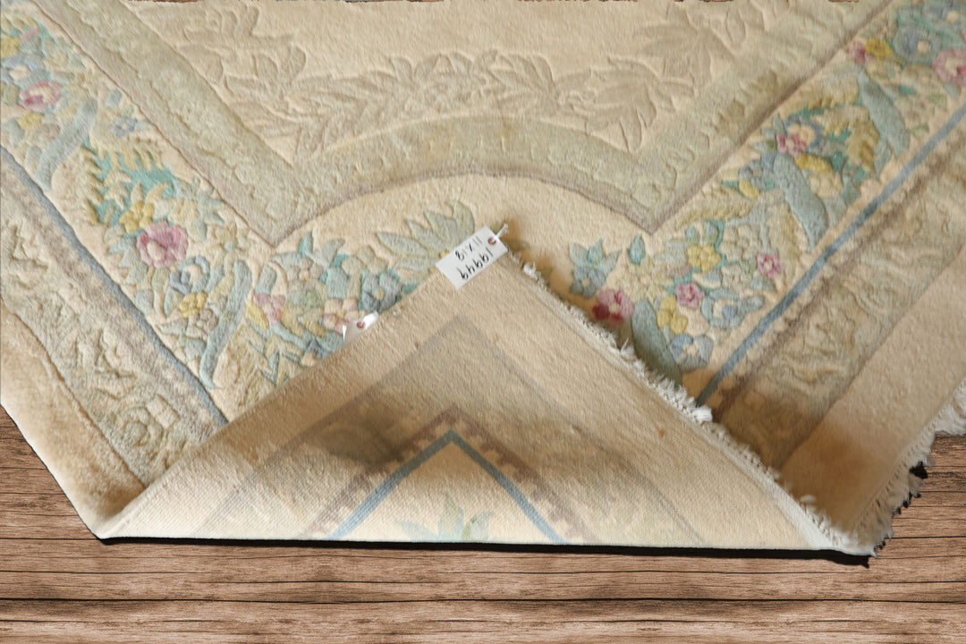 11x18 Beige, Tan, Aqua Color Hand Knotted Aubusson Savonnerie Wool Traditional Oriental Rug