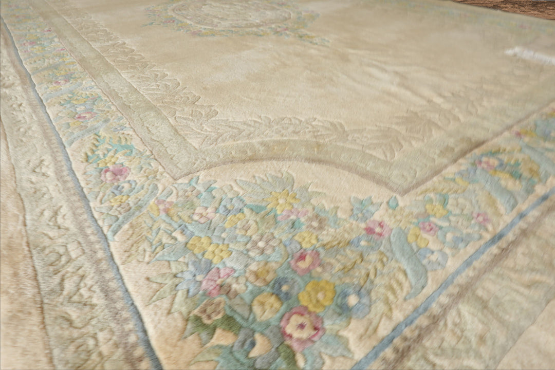 11x18 Beige, Tan, Aqua Color Hand Knotted Aubusson Savonnerie Wool Traditional Oriental Rug