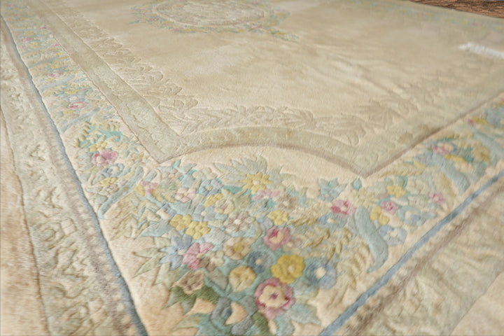 11x18 Beige, Tan, Aqua Color Hand Knotted Aubusson Savonnerie Wool Traditional Oriental Rug
