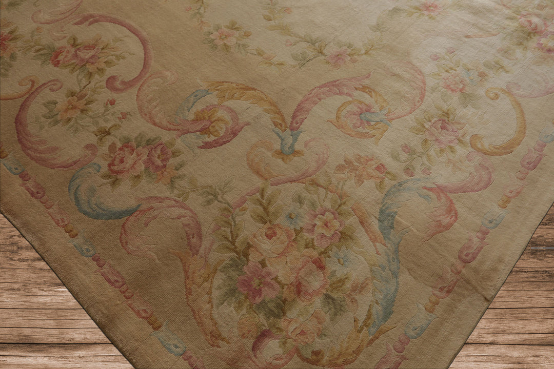 12x18 Beige, Rose, Tan Color Hand Knotted Aubusson Savonnerie Silk Traditional Oriental Rug