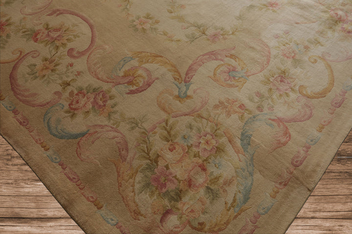 12x18 Beige, Rose, Tan Color Hand Knotted Aubusson Savonnerie Silk Traditional Oriental Rug