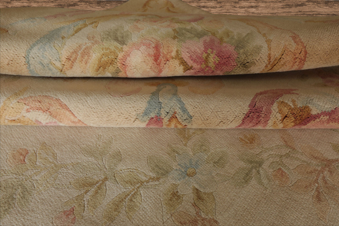 12x18 Beige, Rose, Tan Color Hand Knotted Aubusson Savonnerie Silk Traditional Oriental Rug