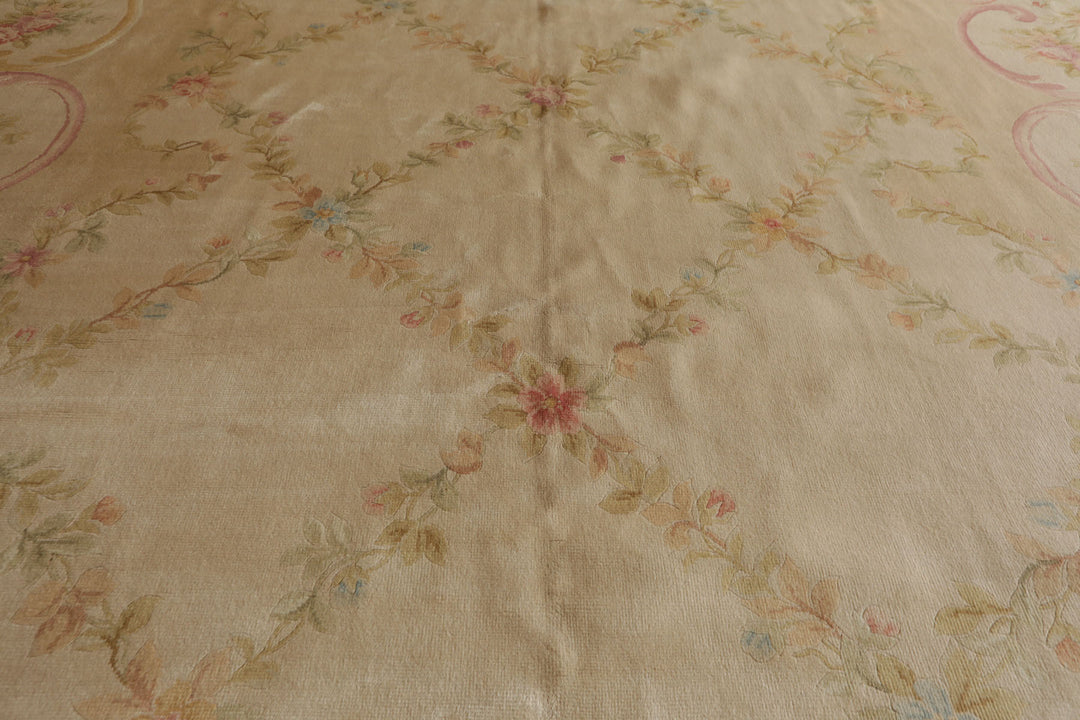 12x18 Beige, Rose, Tan Color Hand Knotted Aubusson Savonnerie Silk Traditional Oriental Rug