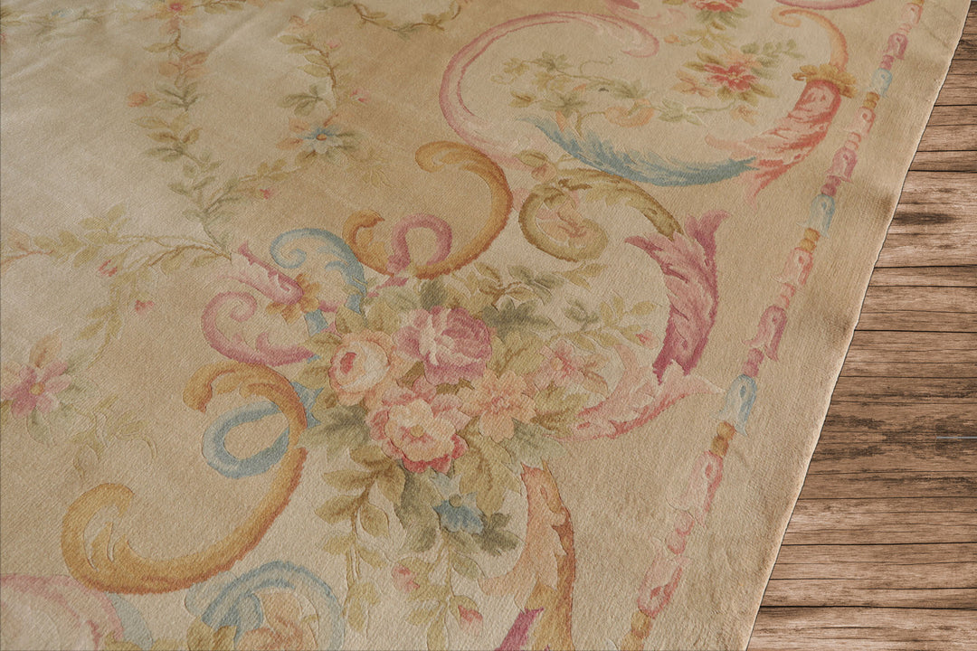 12x18 Beige, Rose, Tan Color Hand Knotted Aubusson Savonnerie Silk Traditional Oriental Rug