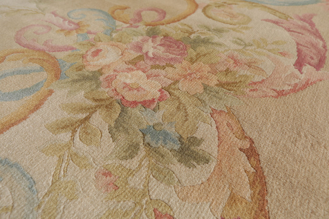 12x18 Beige, Rose, Tan Color Hand Knotted Aubusson Savonnerie Silk Traditional Oriental Rug