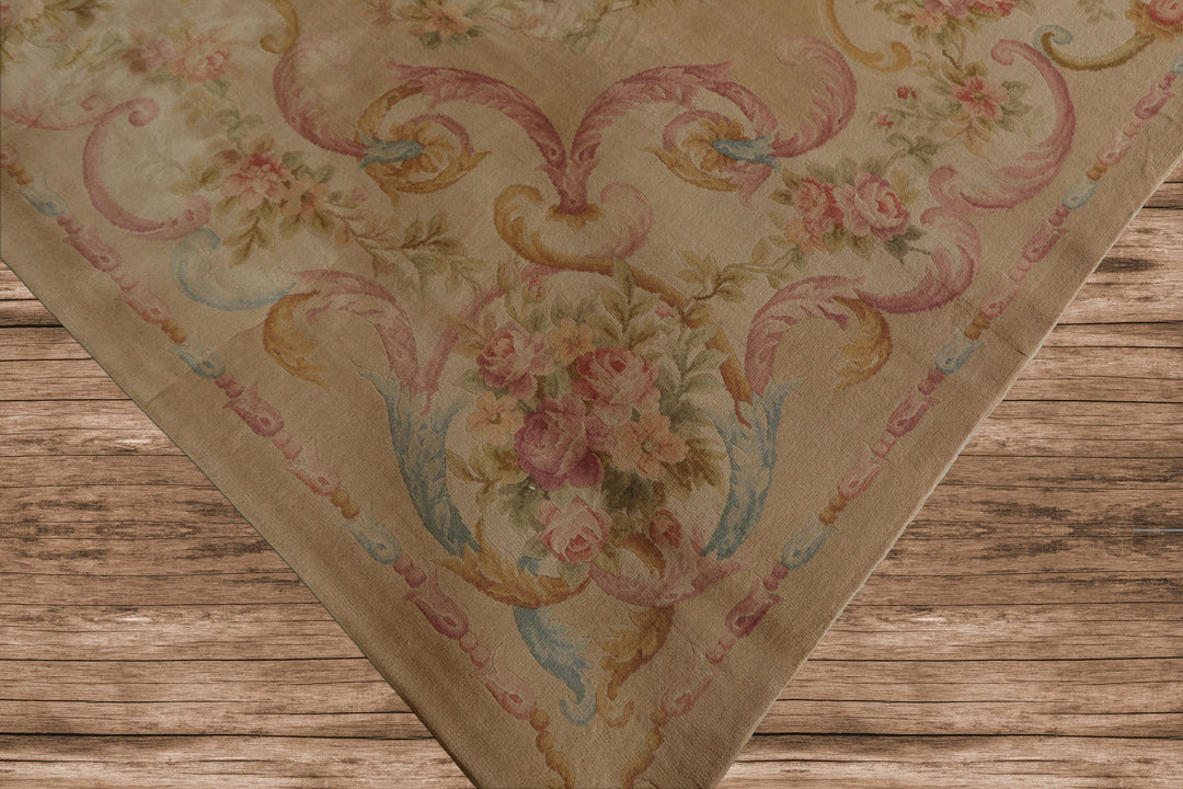 12x18 Beige, Rose, Tan Color Hand Knotted Aubusson Savonnerie Silk Traditional Oriental Rug
