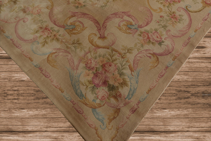 12x18 Beige, Rose, Tan Color Hand Knotted Aubusson Savonnerie Silk Traditional Oriental Rug