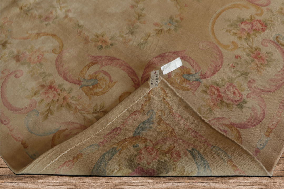 12x18 Beige, Rose, Tan Color Hand Knotted Aubusson Savonnerie Silk Traditional Oriental Rug