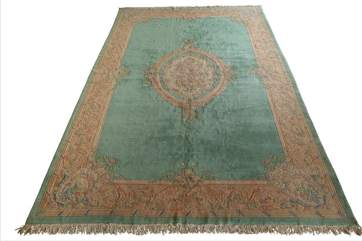 Oversize Sea Foam, Green, Light Peach Color Hand Knotted Aubusson Savonnerie Wool Traditional Oriental Rug