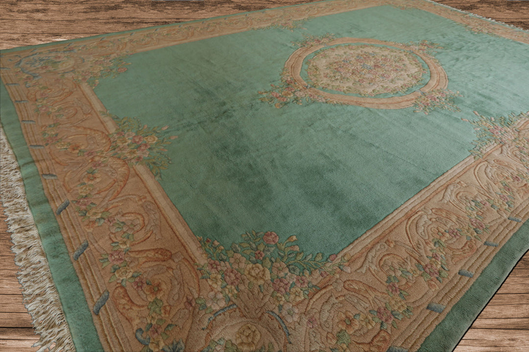 Oversize Sea Foam, Green, Light Peach Color Hand Knotted Aubusson Savonnerie Wool Traditional Oriental Rug