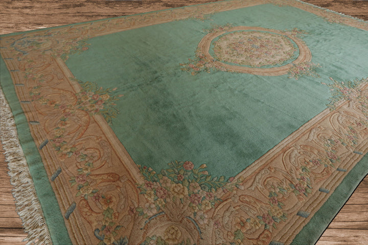 Oversize Sea Foam, Green, Light Peach Color Hand Knotted Aubusson Savonnerie Wool Traditional Oriental Rug