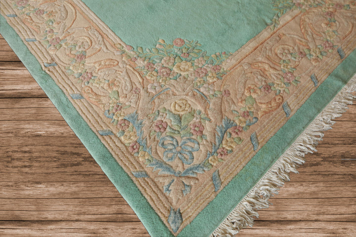Oversize Sea Foam, Green, Light Peach Color Hand Knotted Aubusson Savonnerie Wool Traditional Oriental Rug
